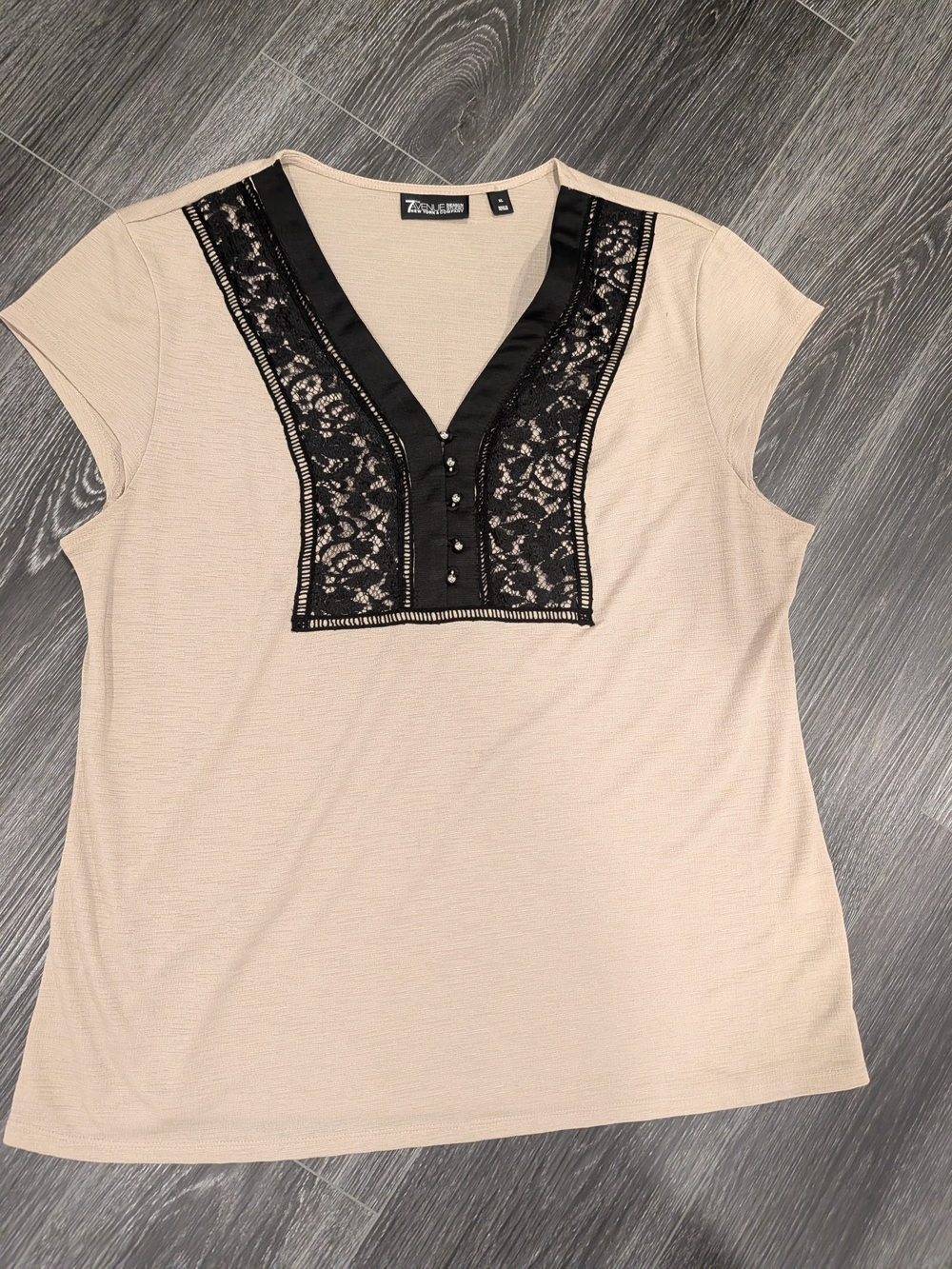 Beige Lace-Trim V-Neck Top